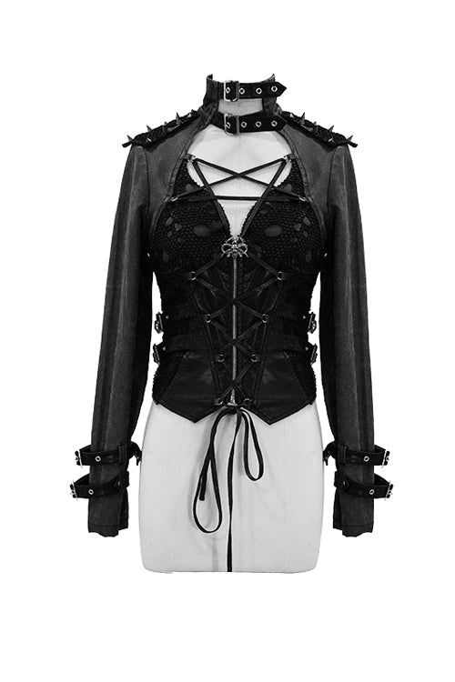 Black Spiked Zipper Up Punk Mesh Womens Coat With Loops - Product - 4