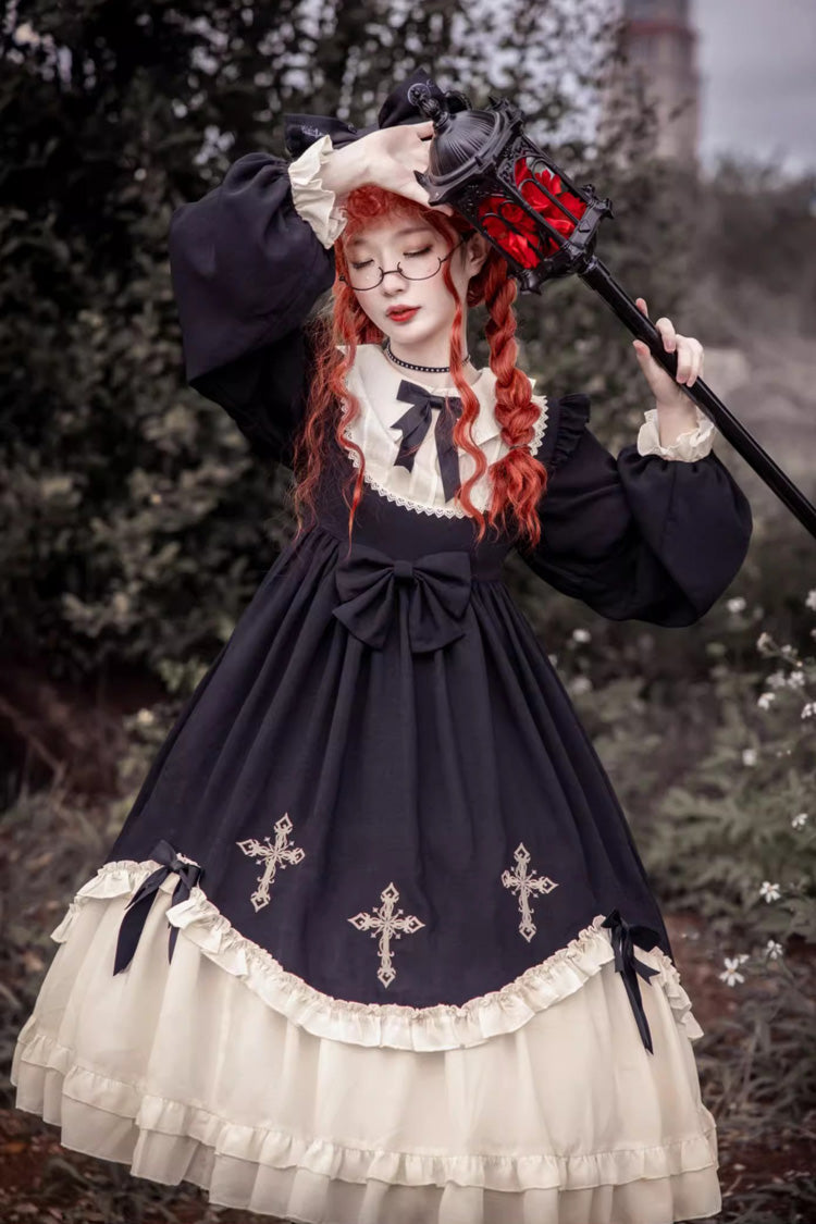 Black Retro Doll Collar Chest Bow Cross Embroidery Print Dark Girl Gothic Lolita OP Dress (Plus Size Version) - Product - 3