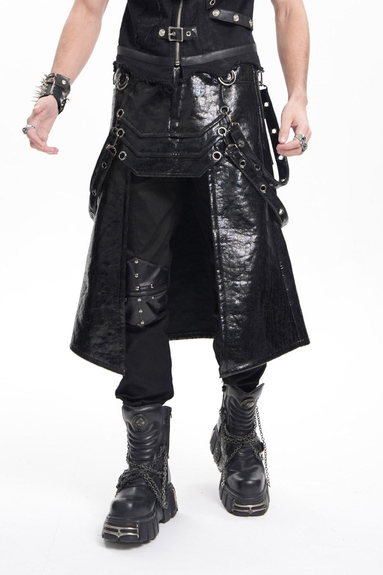 Black Faux Leather Stitching Eyelets Strap Rings Men's Gothic Skirt - Product - 4