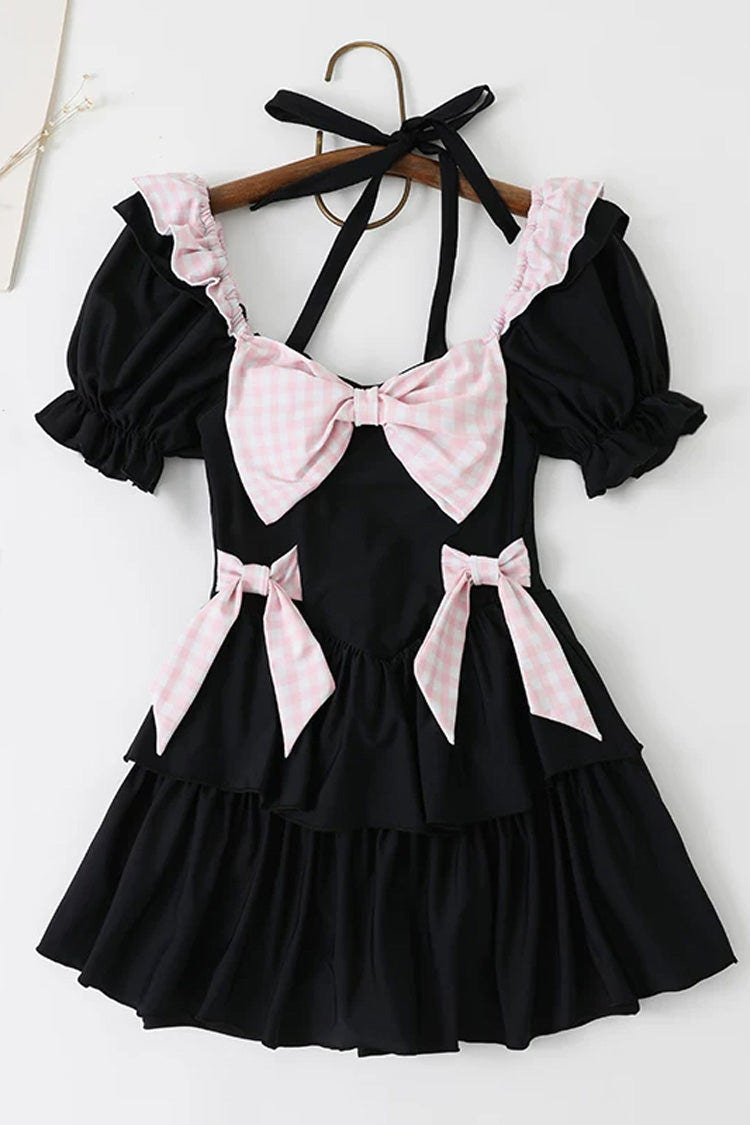 Black/Pink Square Collar Short Sleeves Ruffled Bow Sweet Lolita One-Piece Swimsuit - Black/Pink - 1