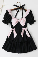 Black/Pink Square Collar Short Sleeves Ruffled Bow Sweet Lolita One-Piece Swimsuit - Black/Pink - 1