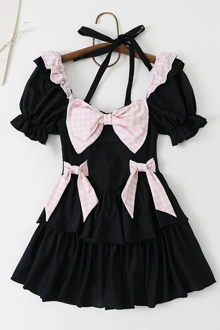Black/Pink Square Collar Short Sleeves Ruffled Bow Sweet Lolita One-Piece Swimsuit - Black/Pink - 1