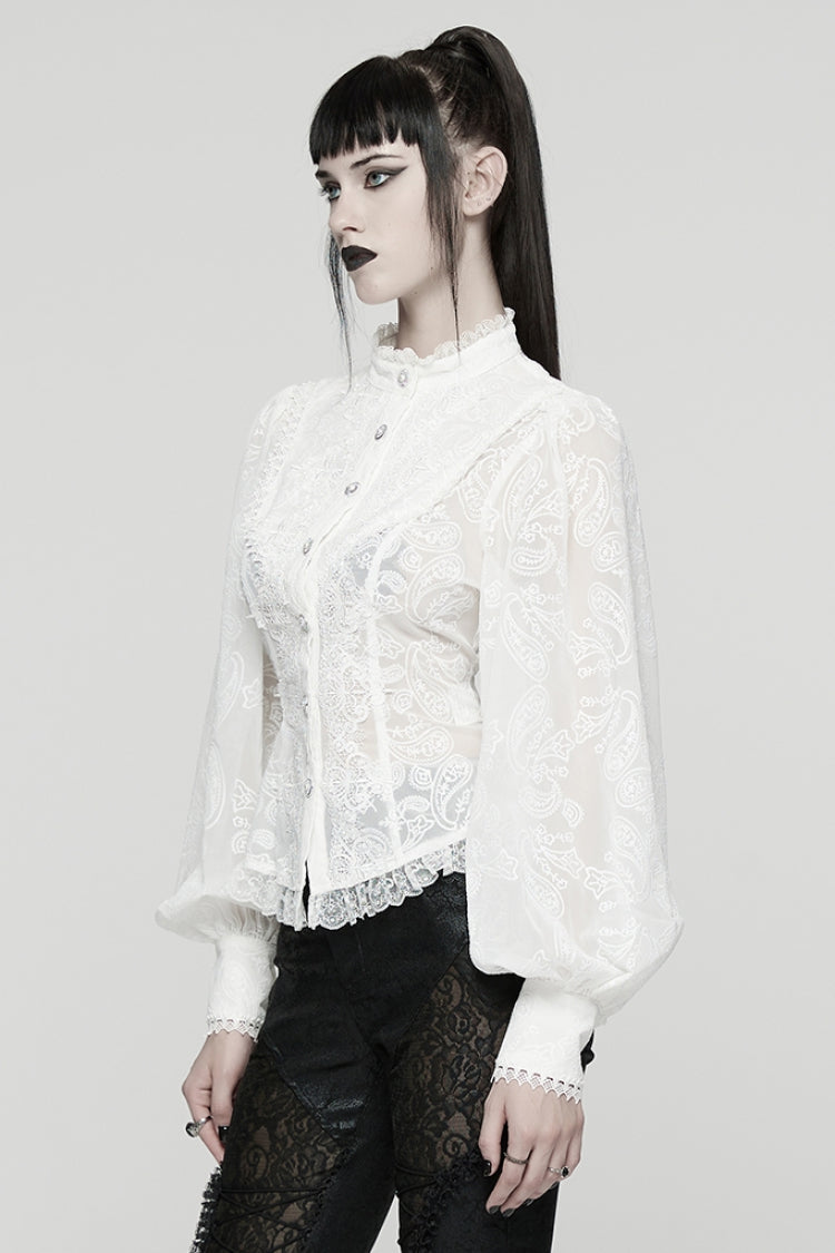 White Stand Collar Long Puff Sleeves Floral Embroidered Women's Gothic Blouse - Product - 2