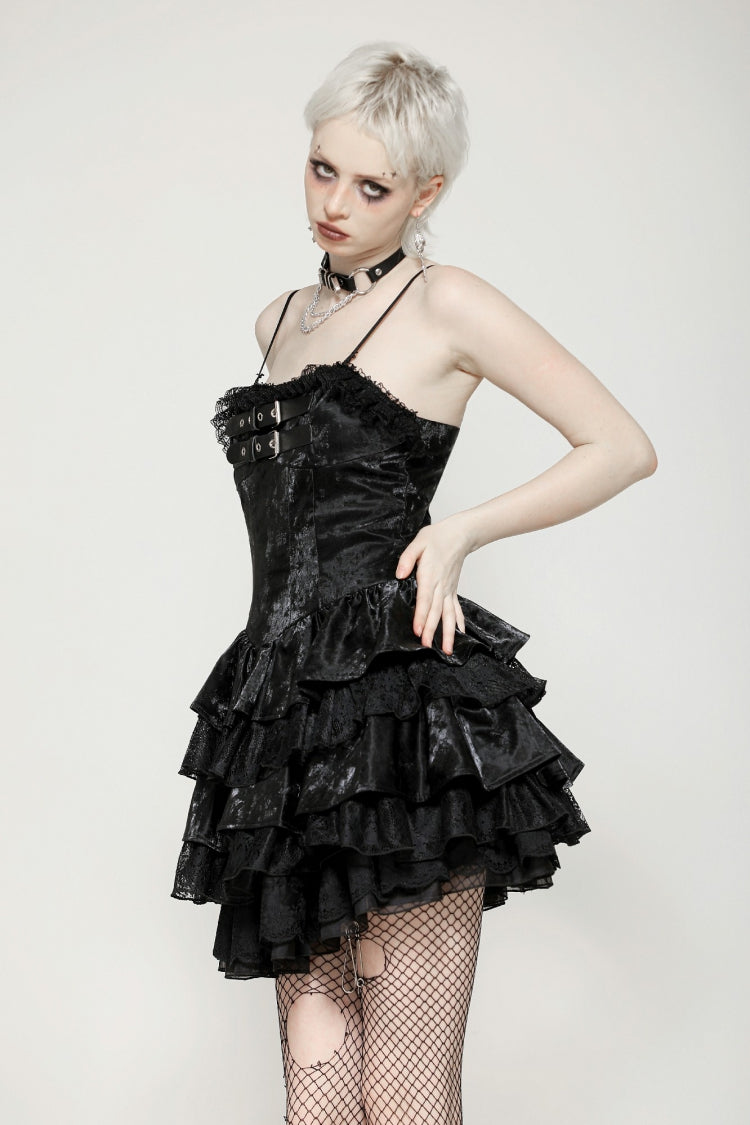 Black Sleeveless Multi-Layered Ruffled Women's Punk Party Slip Dress Graduation Dress - Product - 5