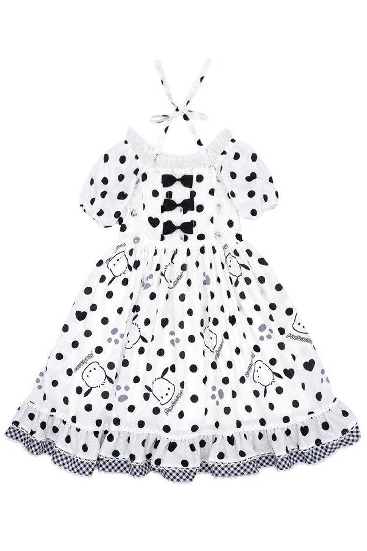 White/Black Short Sleeves Pacha Dog Polka Dots Print Ruffle Bowknot Alice Sweet Lolita Dress - Product - 2