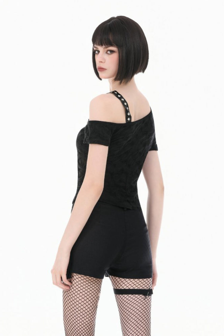 Black Off Shoulder Short Sleeves Studded Cross Straps Asymmetric Women's Punk Top - Product - 5