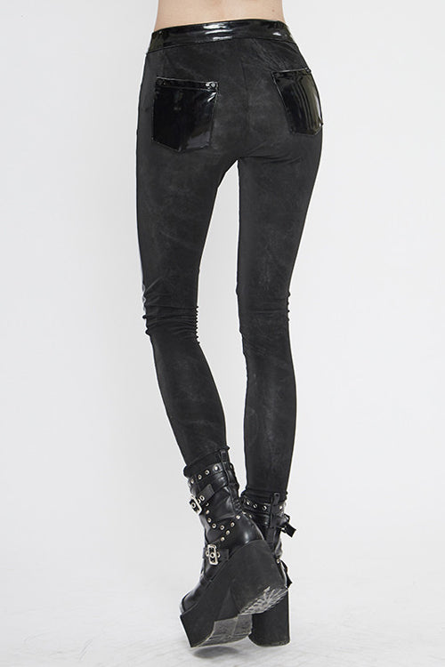Black Fringe Patent Leather Spliced Punk Leggings Womens Pants - Product - 3