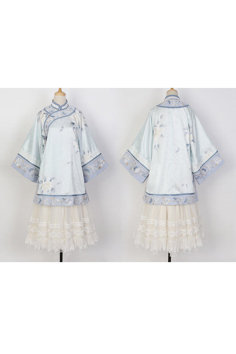 Blue [Flower Room] Stand Collar Long Sleeves High Waisted Printed Embroidered Women's Sweet Classic Hanfu Dress Set - Product - 8