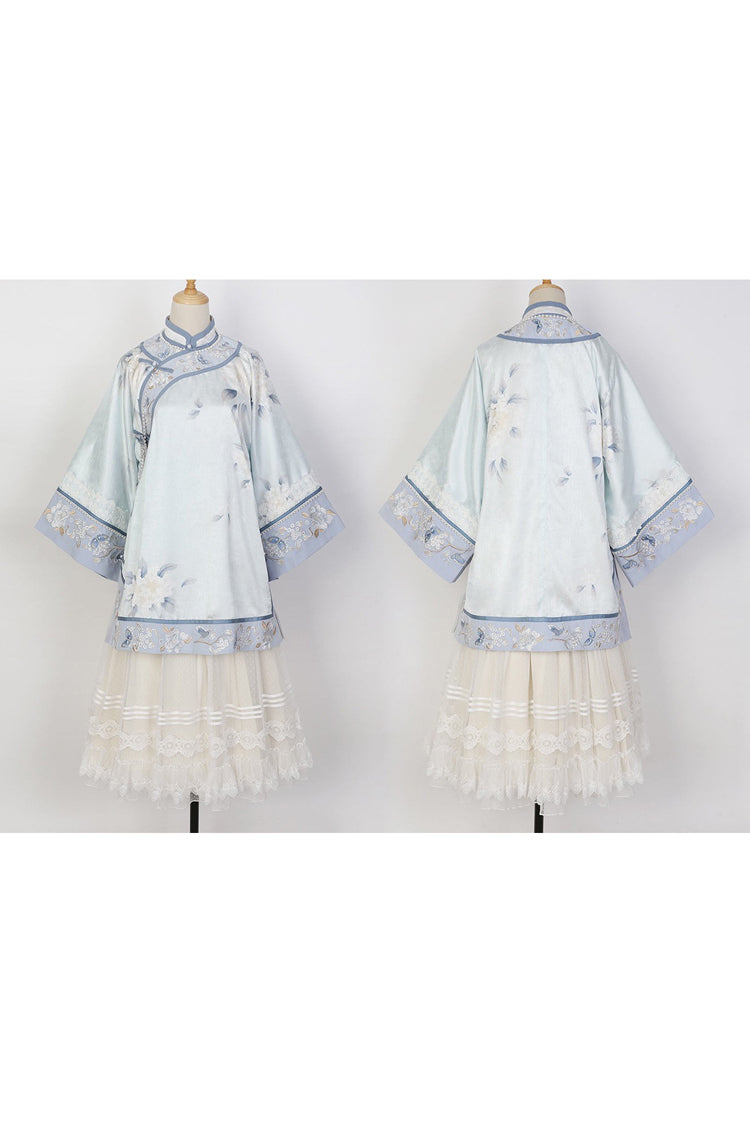 Blue [Flower Room] Stand Collar Long Sleeves High Waisted Printed Embroidered Women's Sweet Classic Hanfu Dress Set - Product - 8