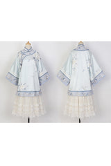 Blue [Flower Room] Stand Collar Long Sleeves High Waisted Printed Embroidered Women's Sweet Classic Hanfu Dress Set - Product - 8