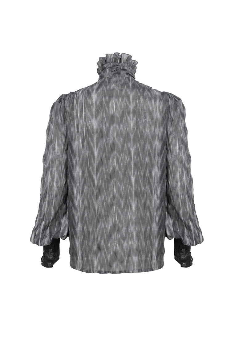 Black/Grey Ruffle Stand Collar Print Lace-Up Men's Gothic Blouse - Product - 7
