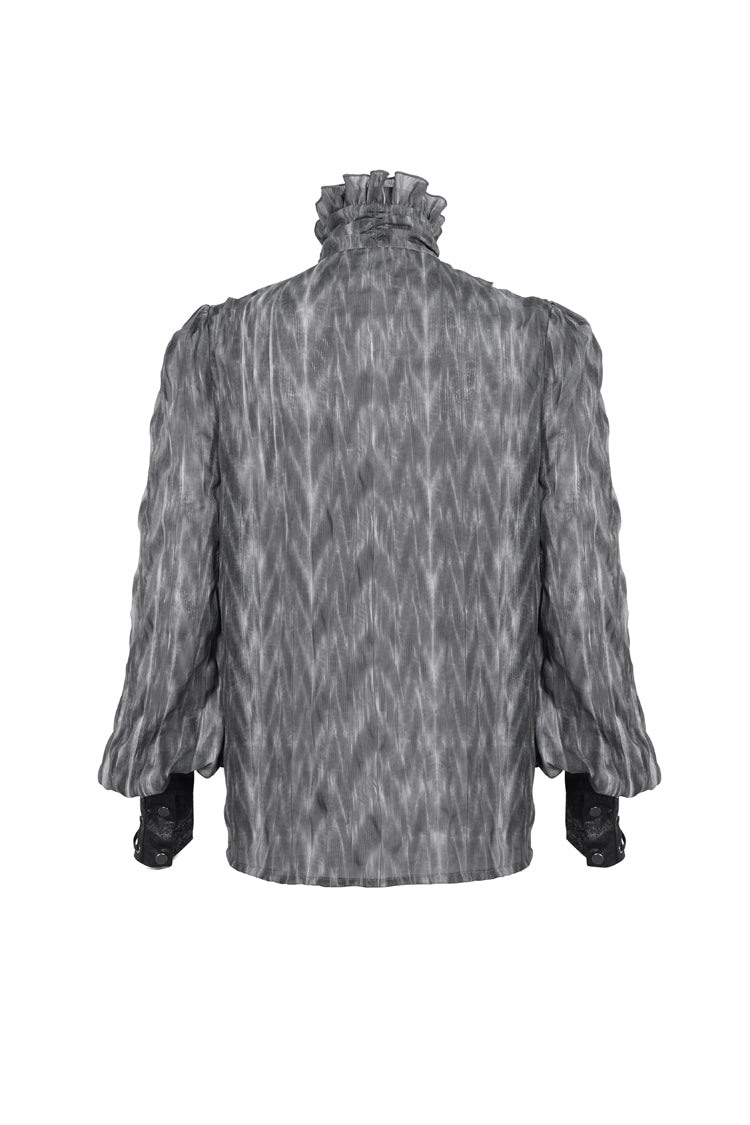 Black/Grey Ruffle Stand Collar Print Lace-Up Men's Gothic Blouse - Product - 7