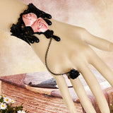 Black Retro Victorian Fashion Lace Pink Rose Cute Female Lolita Ring Bracelet - Product - 1