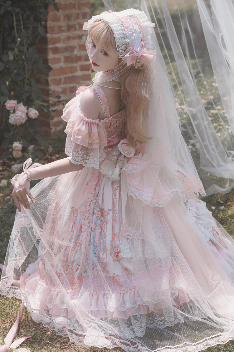 Pink [Moonlight Melody] Off Shoulder Sleeveless Multi-Layered Hanayome Open-Front Bow Lace Sweet Gorgeous Lolita Jsk Dress Set - Product - 2
