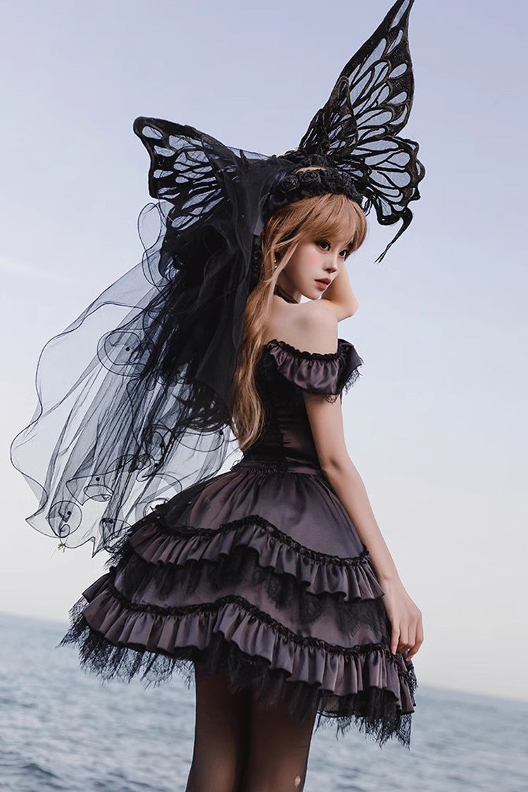 Black/Purple Silent Melody Ballet Style Halter Boat Neck Short Sleeves Gothic Lolita Dress - Product - 6
