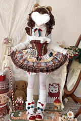 Brown [Candy House] Multi-Layered Print Ruffle Bowknot Lace-Up Sweet Ballet Lolita Jsk Dress - Product - 2