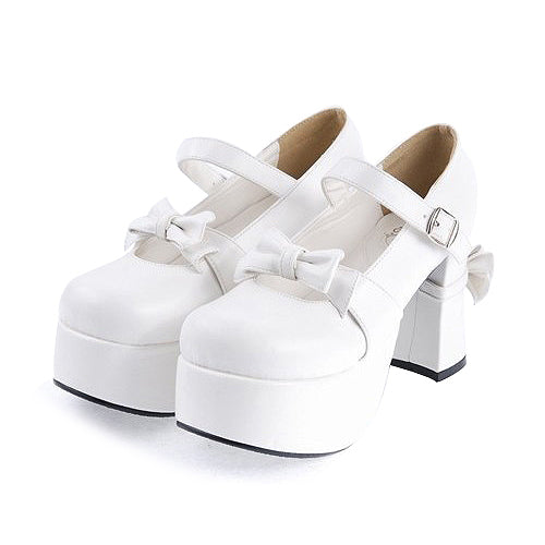 White Patent Leather Round Toe Strap Bowknot Platform Lolita Shoes - White - 1
