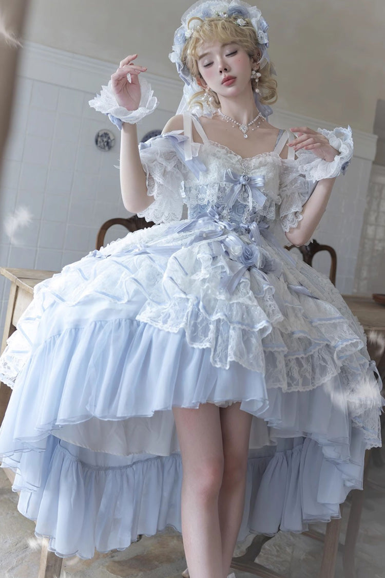 Blue [Diane Rose] Short Sleeves Multi-Layered Jacquard Ruffle Hanayome Cardigan Bowknot Lace Sweet Lolita Dress - Product - 2