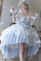 Blue [Diane Rose] Short Sleeves Multi-Layered Jacquard Ruffle Hanayome Cardigan Bowknot Lace Sweet Lolita Dress - Product - 2