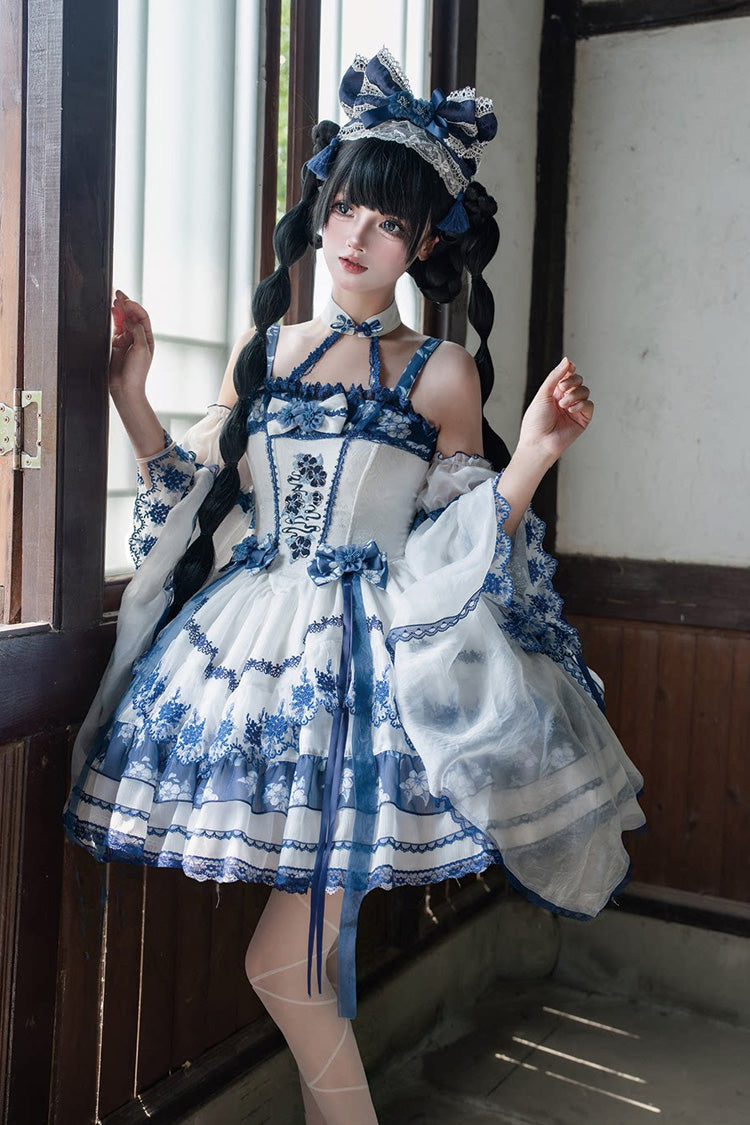 [Misty Qingdai] Off Shoulder Halterneck Printed Ruffled Embroidered Bow Classic Chinese Inspired Lolita Dress 2 Colors (Porcelain Blue, Pink) - Porcelain-Blue - 1