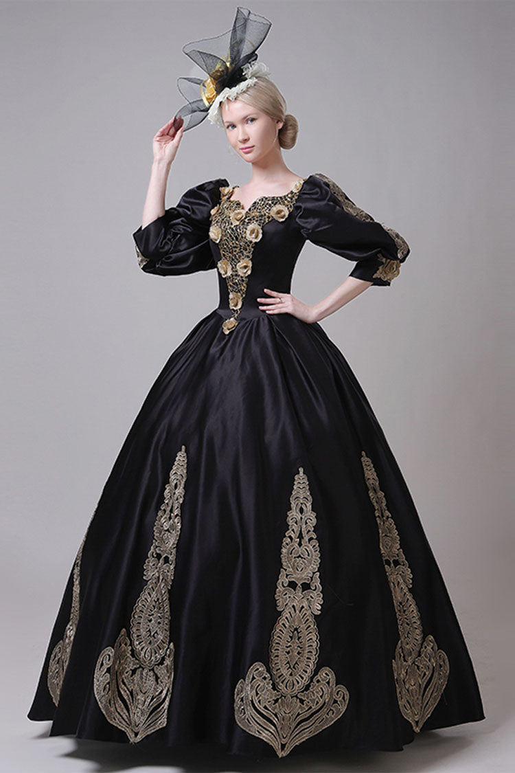 Boat Neck Half Sleeves High Waisted Three Dimensional Golden Floral Hollow Print Victorian Lolita Prom Dress - Product - 3