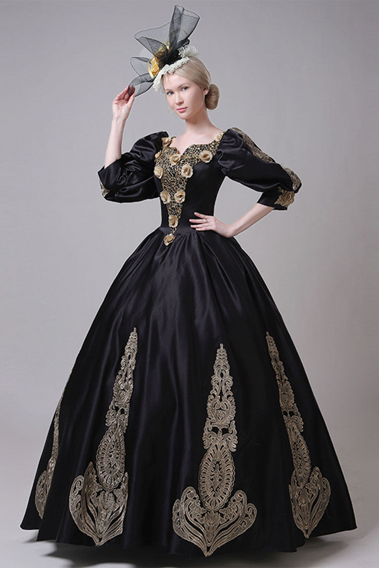 Boat Neck Half Sleeves High Waisted Three Dimensional Golden Floral Hollow Print Victorian Lolita Prom Dress - Product - 3