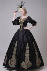 Boat Neck Half Sleeves High Waisted Three Dimensional Golden Floral Hollow Print Victorian Lolita Prom Dress - Product - 3