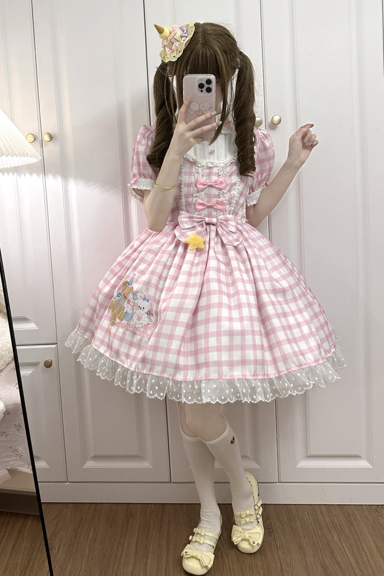 Pink Rabbit & Bear Plaid Print Short Sleeves Ruffle Embroidery Bowknot Lace Sweet Lolita Dress - Product - 5