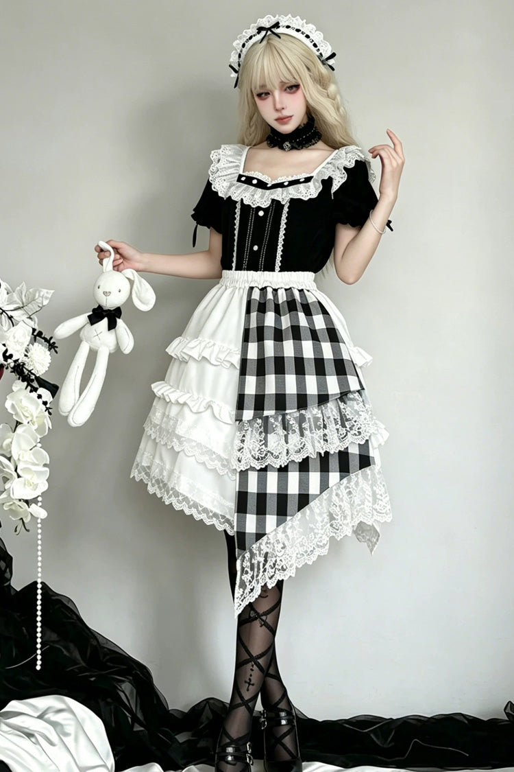 Black/White Short Sleeves Plaid Printed Lace Irregular Asymmetric Gothic Lolita Skirt Set - Product - 3