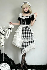 Black/White Short Sleeves Plaid Printed Lace Irregular Asymmetric Gothic Lolita Skirt Set - Product - 3