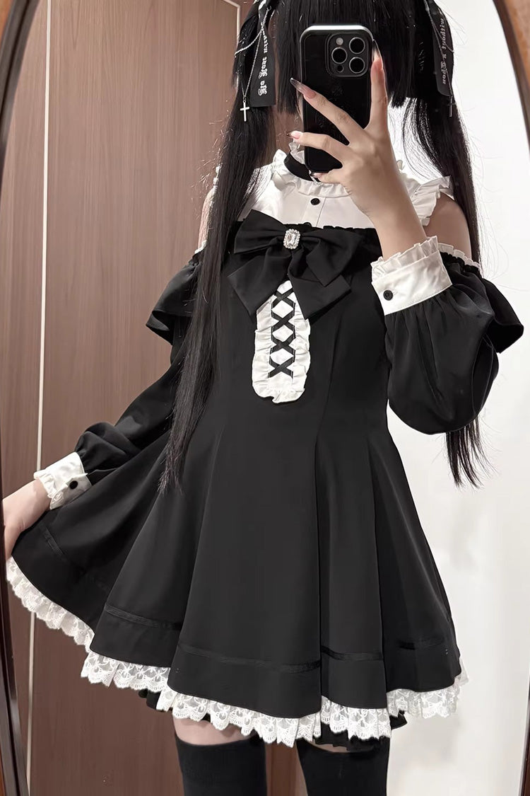 Black/White Off Shoulder Long Sleeves Ruffled Jirai Kei Japanese Dress Set - Product - 4