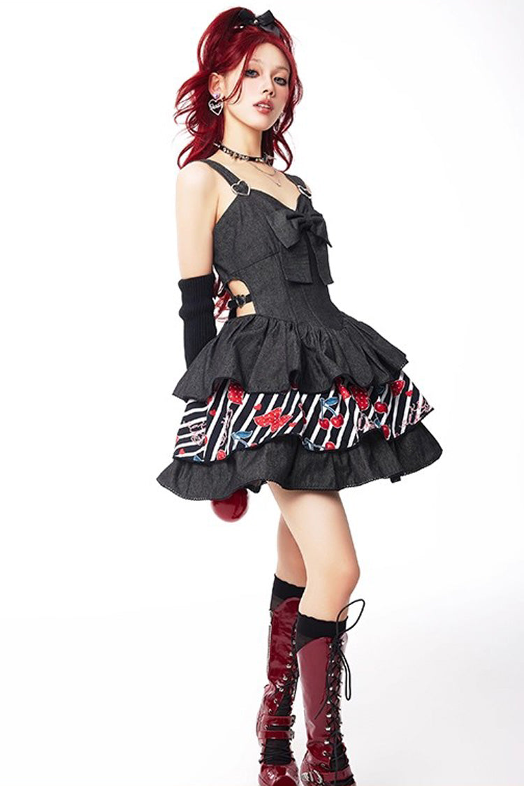 Black Cherry Sleeveless Triple-Layered Print Ruffle Bowknot Denim Sweet Japanese Vintage (Dress Only) detail view 11