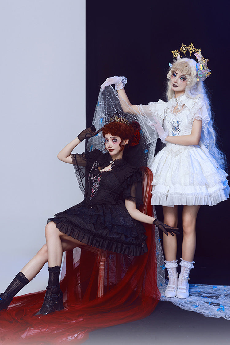 Black Sleeveless Spider Embroidery Bowknot Lace Gothic Princess Lolita Skirt Two-piece Set - Product - 5