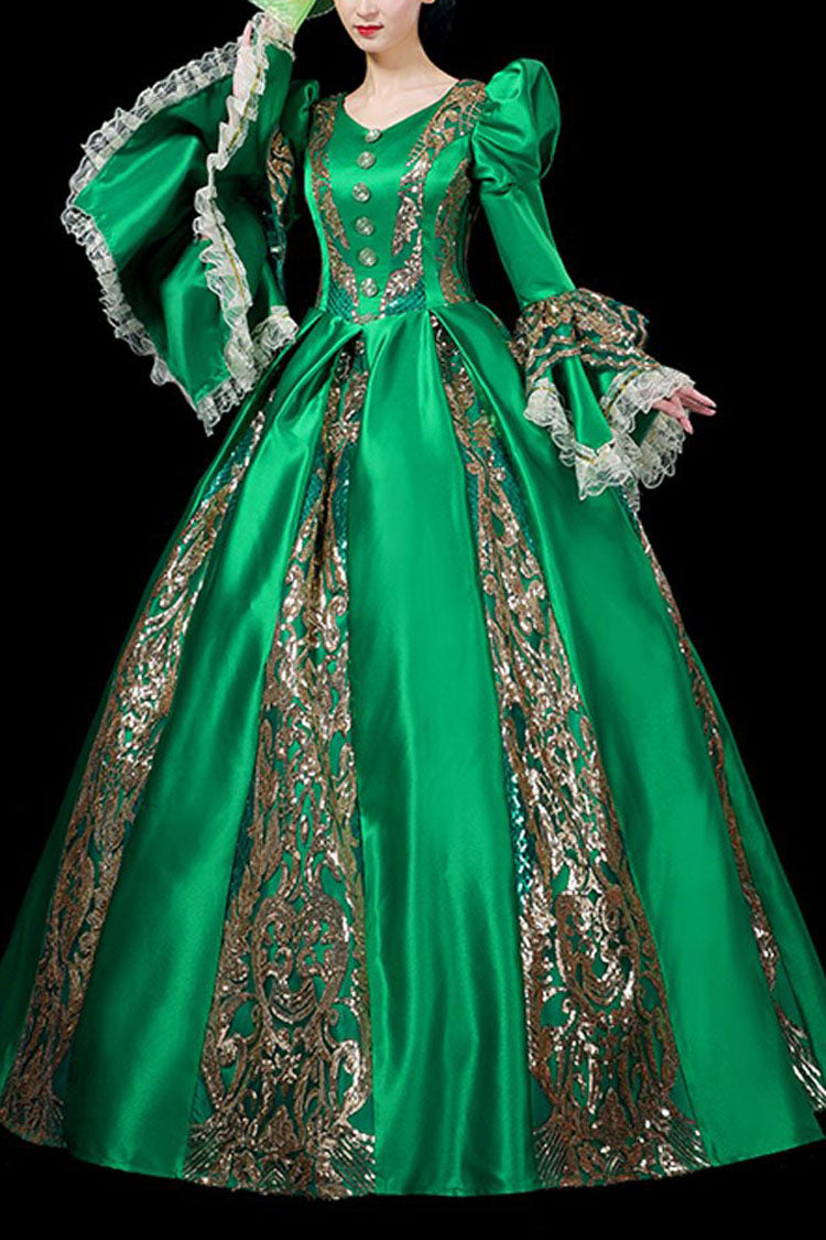 Trumpet Sleeves Long Sleeves Golden Floral Hollow Print Victorian Lolita Prom Dress - Green - 5