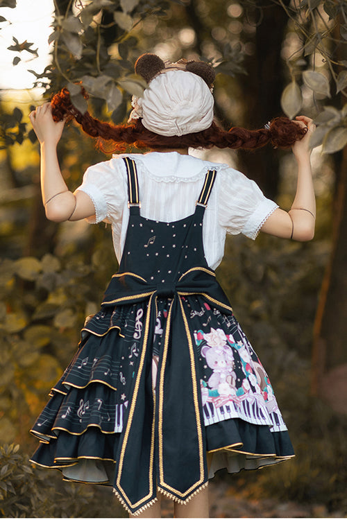 Black Multi-Layer Ruffled Note Bear Print Sweet Lolita JSK Dress - Product - 7