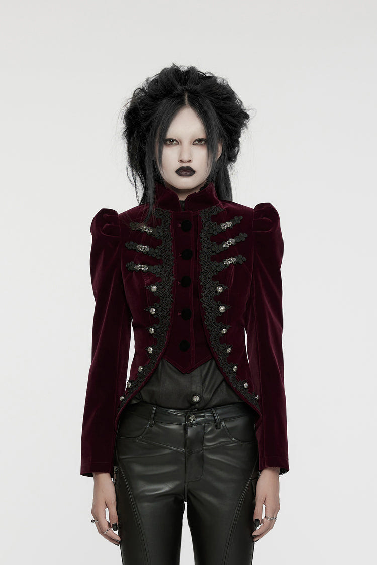 Red Stand Collar Long Sleeves Women's Gothic Swallowtail Coat - Red - 1