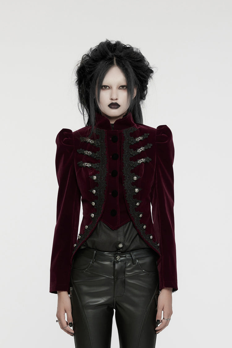 Red Stand Collar Long Sleeves Women's Gothic Swallowtail Coat - Red - 1