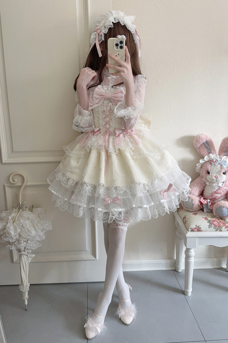 Apricot [Fleishi Island] Sleeveless Ruffle Bowknot Lace Slim Sweet Ballet Lolita Jsk Dress - Product - 5
