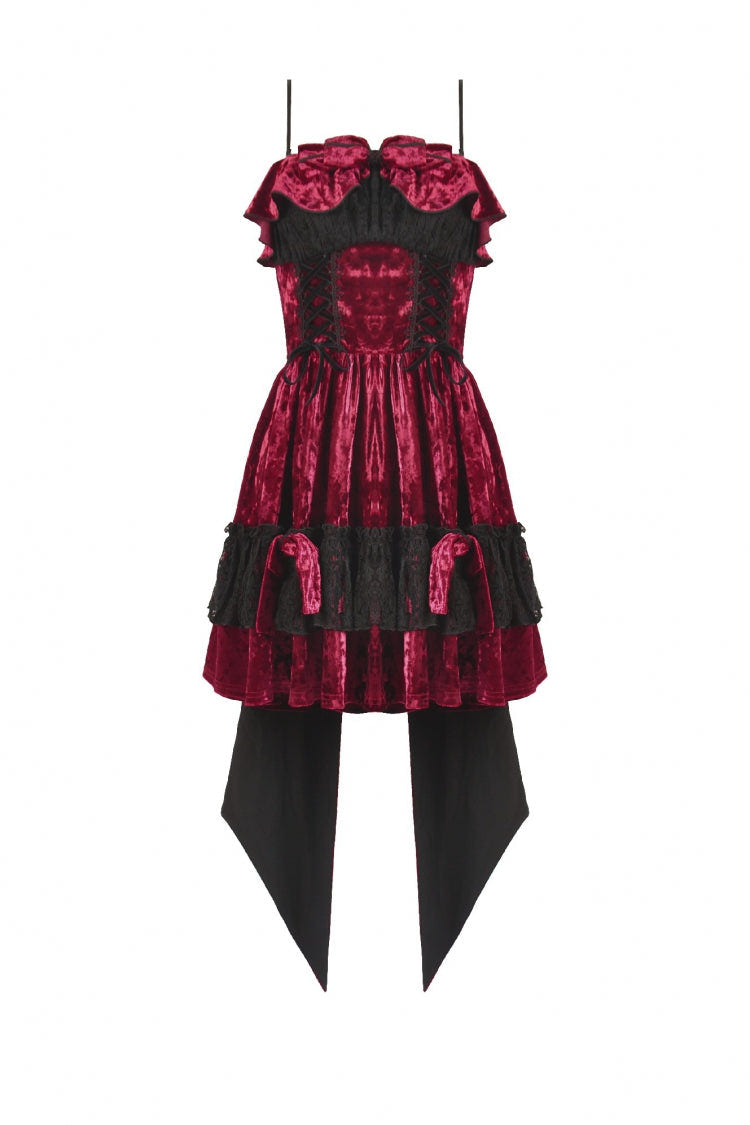 Wine Red Corset Lace-Up Velvet Irregular Pointed Tail Women's Lolita Gothic Cami Mini Dress - Product - 3