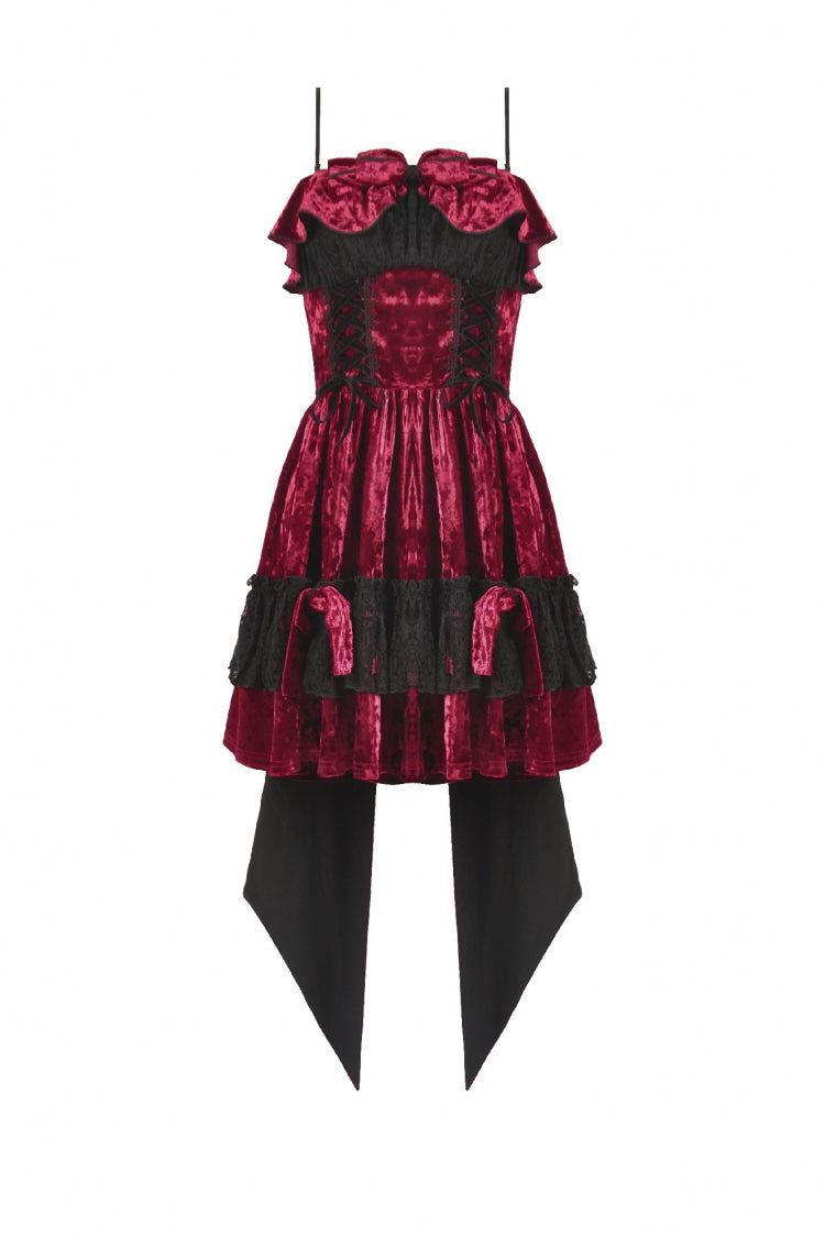 Wine Red Corset Lace-Up Velvet Irregular Pointed Tail Women's Lolita Gothic Cami Mini Dress - Product - 3