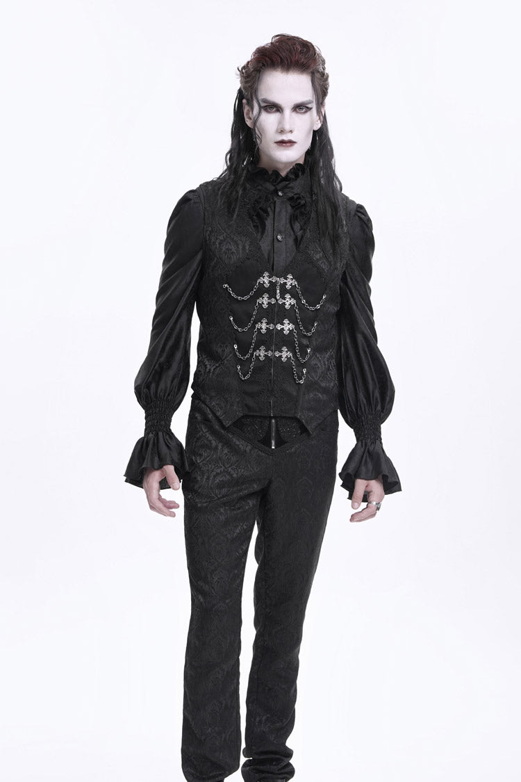 Black Sleeveless Jacquard Chain Buckle-up Men's Gothic Vest - Product - 2