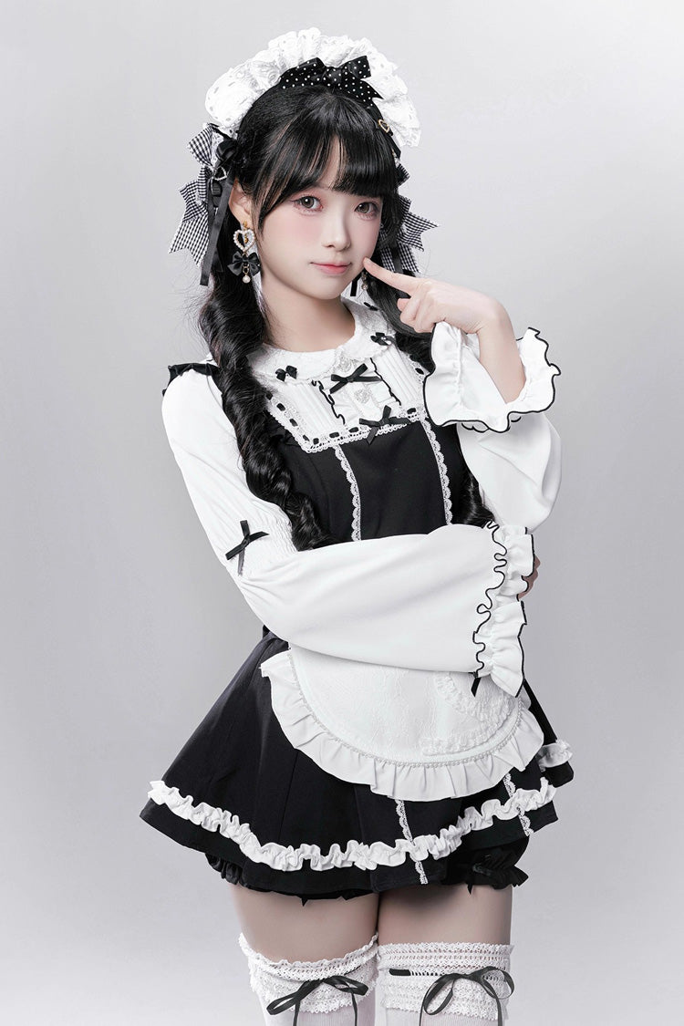 Black/White [Showcase Doll] Japanese Maid-Style Long Sleeves Ruffle Bowknot Jirai Kei Japanese Dress Shorts Set with Detachable Apron - Product - 4