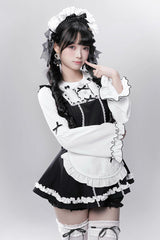 Black/White [Showcase Doll] Japanese Maid-Style Long Sleeves Ruffle Bowknot Jirai Kei Japanese Dress Shorts Set with Detachable Apron - Product - 4
