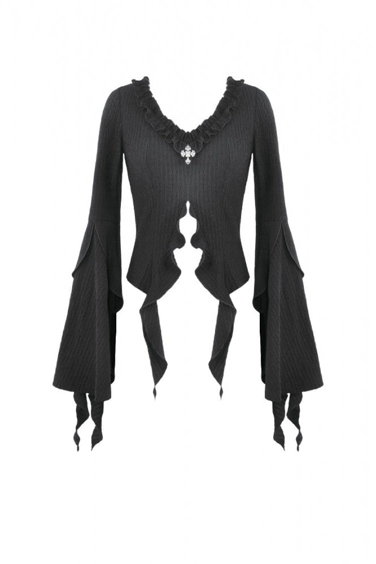 Black Cross Ruffled V Collar Irregular Split Long Trumpet Sleeves Women's Gothic Crop Top with Streamer - Product - 3