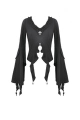Black Cross Ruffled V Collar Irregular Split Long Trumpet Sleeves Women's Gothic Crop Top with Streamer - Product - 3