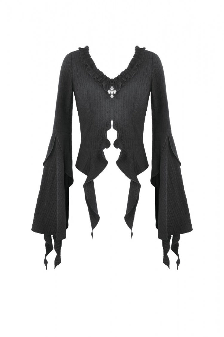 Black Cross Ruffled V Collar Irregular Split Long Trumpet Sleeves Women's Gothic Crop Top with Streamer - Product - 3