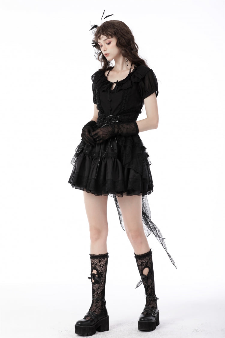 Black Lace-Up Multi-Layered Lace Women's Gothic Fishtail High Low Tunic Skirt - Product - 2