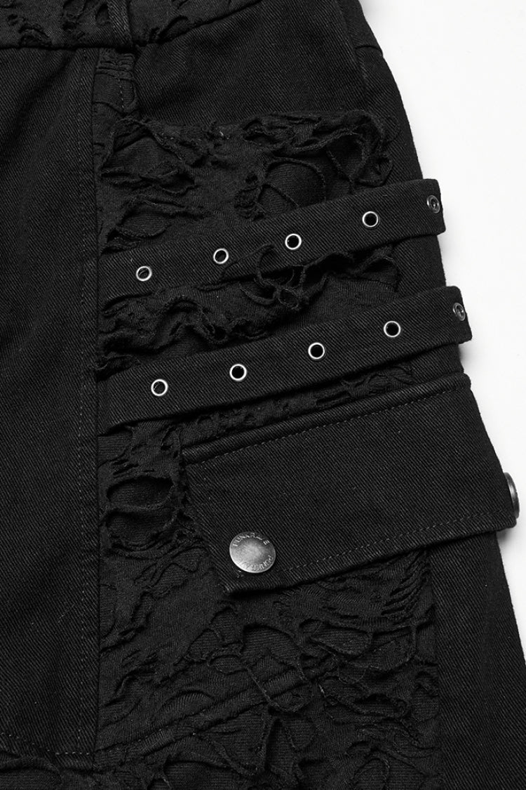 Black Ripped Eyelet Straps Men's Gothic Shorts - Product - 6