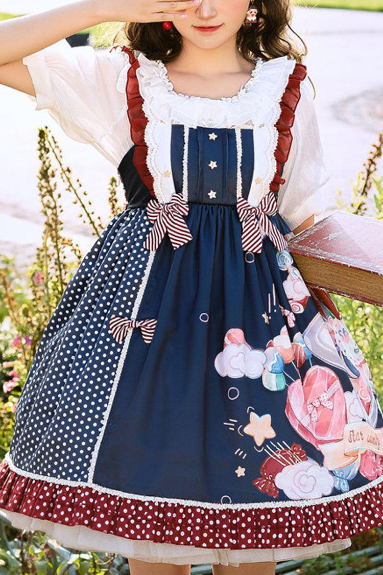 Candy Print Star Buttons Sweet Lolita JSK Dress - navy blue - 1
