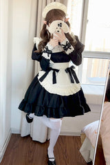 Black/White Maid Long Sleeves Ruffle Bowknot Sweet Plus Size Lolita Dress Full Set - Product - 5